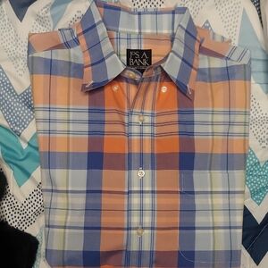 Jos. A. Bank Men's Blue and Orange Plaid Shirt
